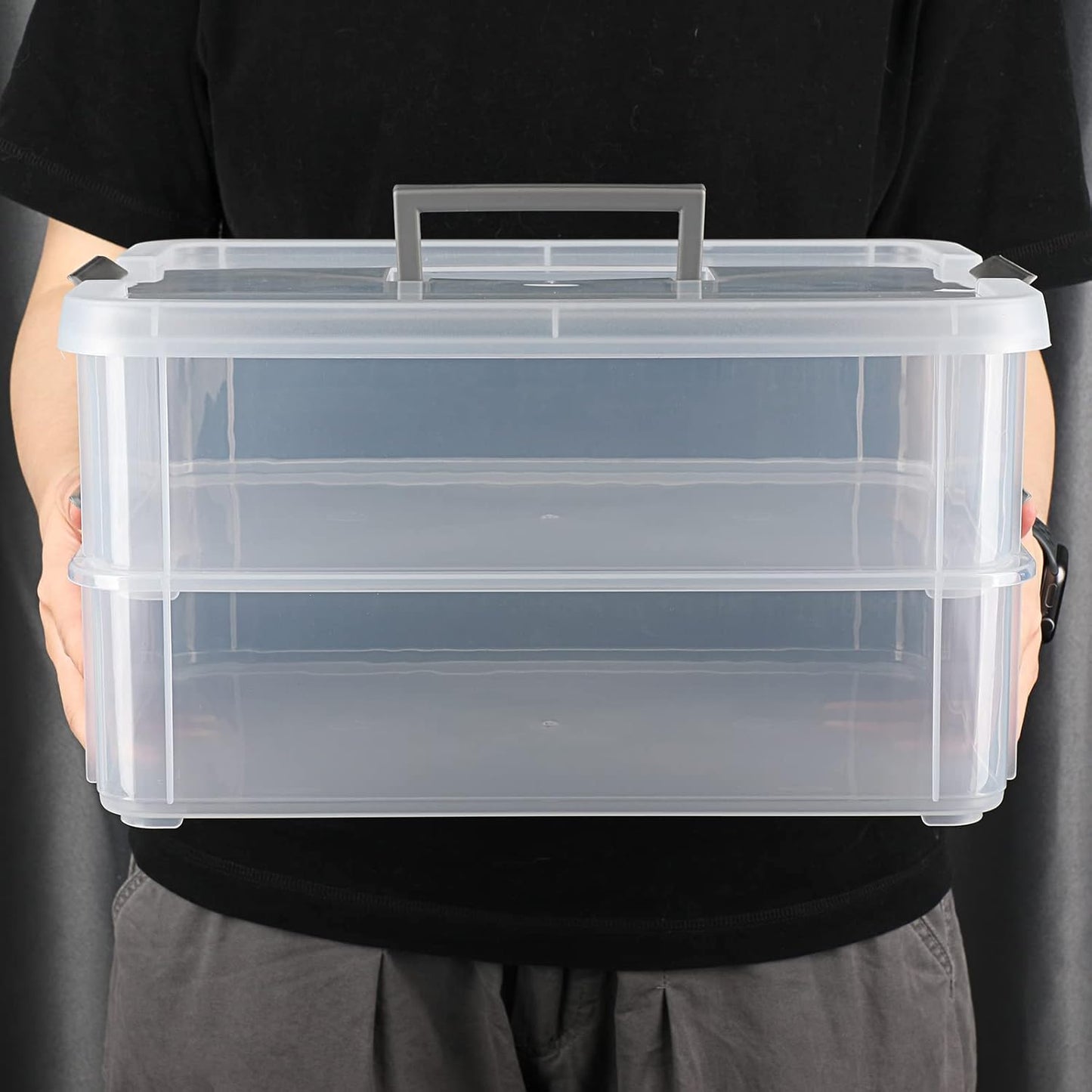 BTSKY 2 Layer Stack & Carry Box, Plastic Multipurpose Portable Storage Container Box Handled Organizer Storage Box for Organizing Stationery, Sewing, Art Craft, Jewelry and Beauty Supplies Dark Grey