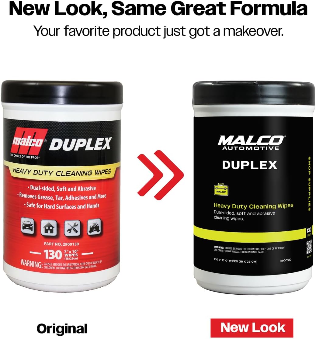 Malco Duplex Heavy Duty Cleaning Wipes for Home and Auto - Dual Sided Textured, Wet Wipe/Removes Grease, Tar, Paint, Oil, Dirt/No Residue/Safe for Hands/Made in USA (130 Wipes)
