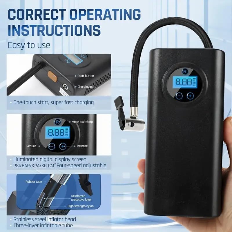 Tire Inflator Portable Air Pump, Cordless Air Compressor for Car Tires, Electric Pump for Ball, Bicycle, Motorcycle (Black)