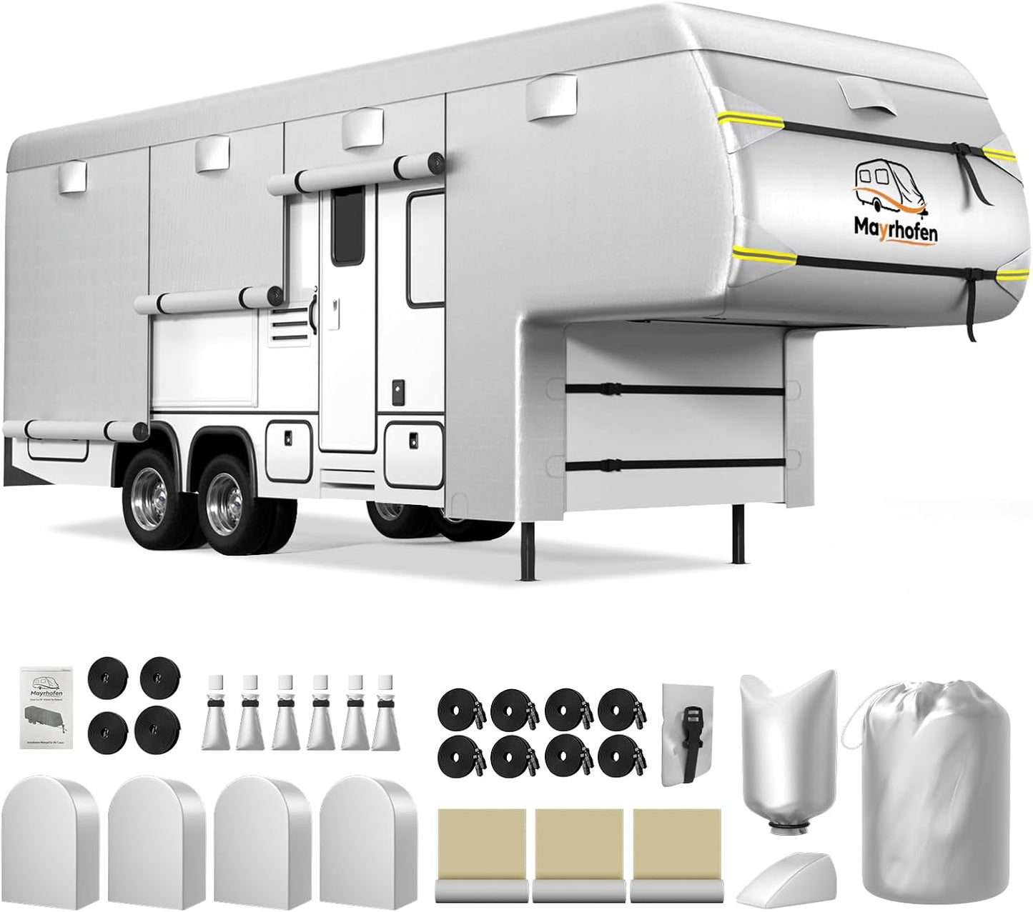 600D Oxford Fabric RV Cover 18-20ft Travel Trailer Cover, 6 Layers Waterproof Rip-Resistant Anti-UV Motorhome Camper Cover with Tongue Jack Protection, Tire Covers, Windproof Straps