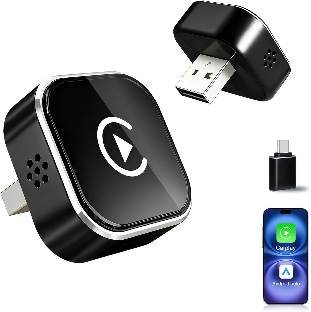 Mini Wireless CarPlay Adapter for iPhone, 2-in-1 for Apple CarPlay & Android Auto Adapter, Convert Wired to Wireless, Plug & Play, Auto Connect, USB to Type-C, No Delay, for iOS 10+ & Android 11+