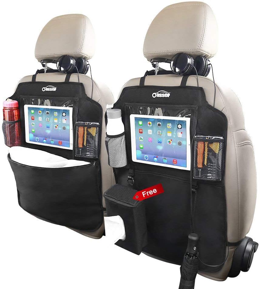 Oasser Seat Back Protector Kick Mats Backseat Car Organizers | 2 Pack, 1 Tissue Box, 12.9" Touch Screen Tablet Holder, Large Back of Seat Protector and Storage for Kids, 8 Pockets, Black