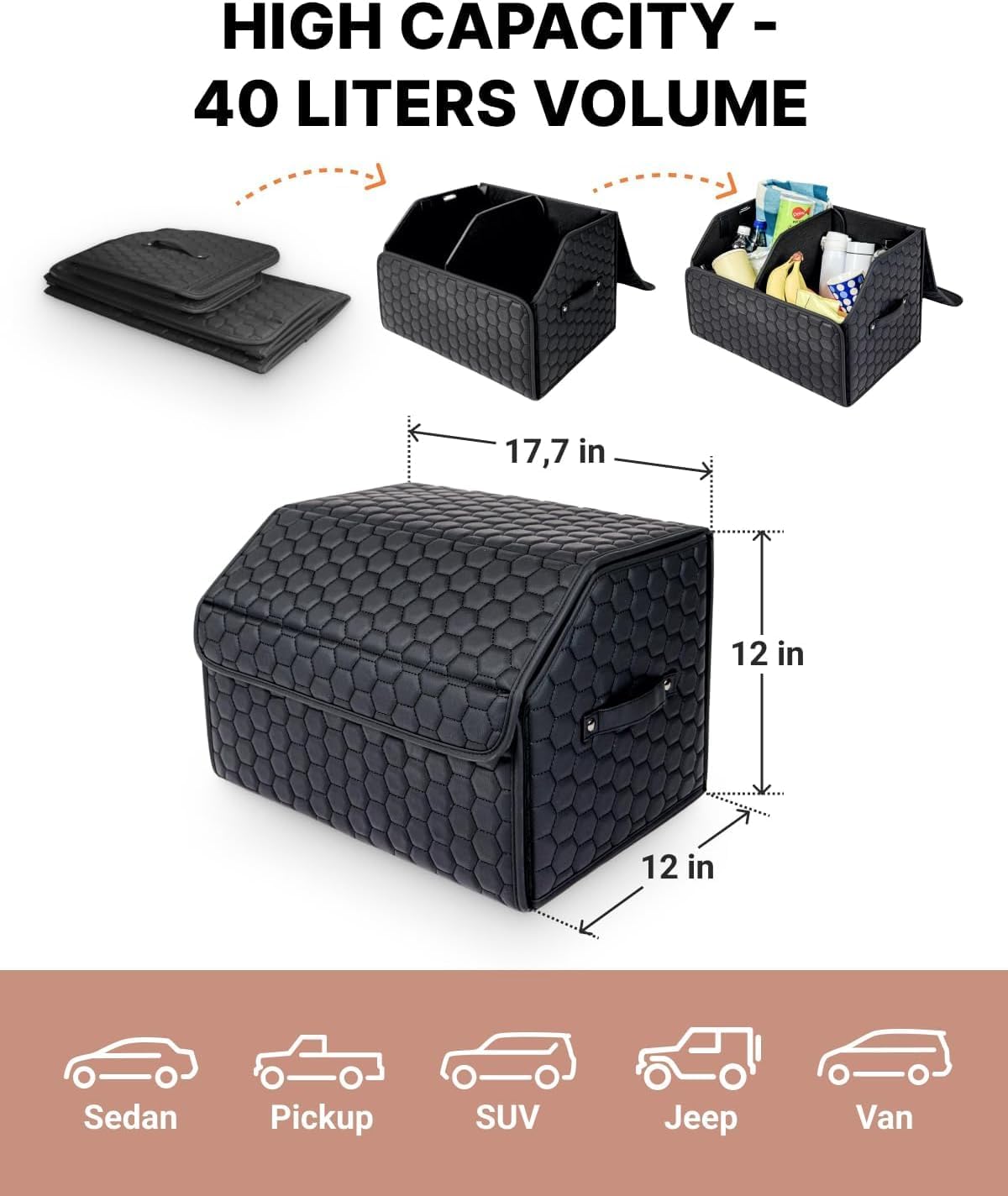 Owleys Cargo Organizer 17.7" - Compact Storage Totes with Lids for SUV, Sedan or Truck - Durable Car Crate for Travel Essentials - Black