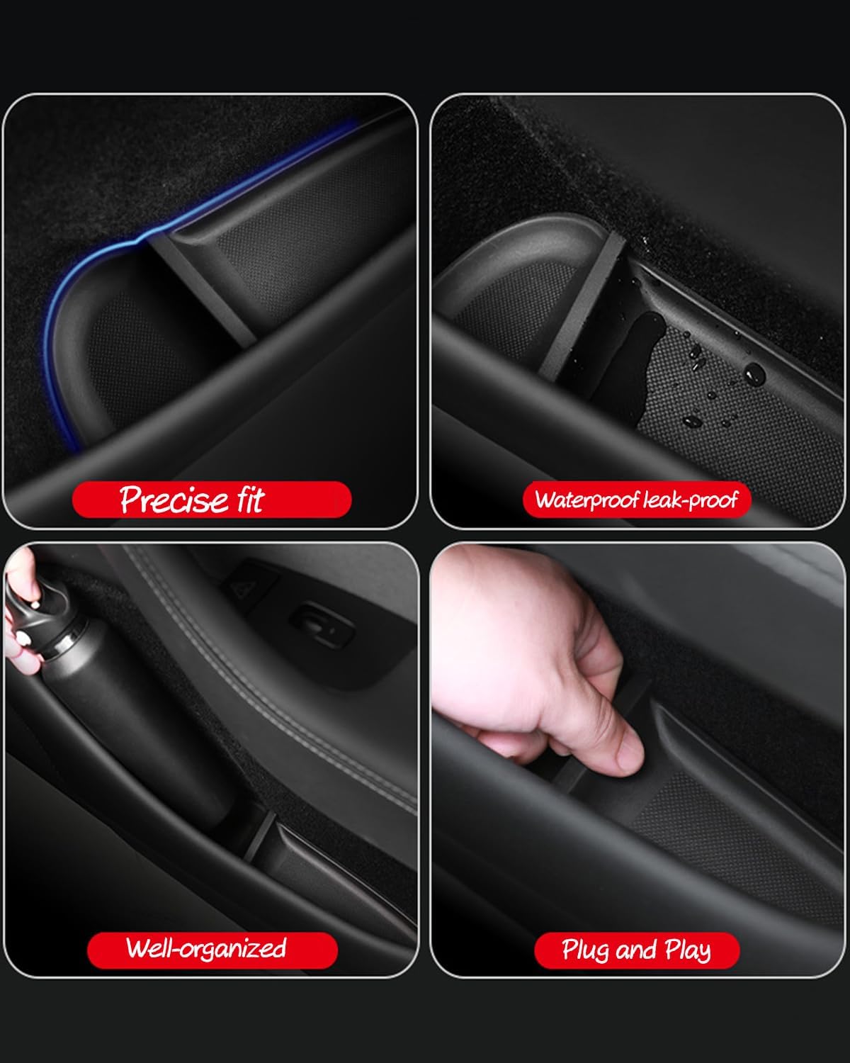 Door Side Pocket Storage Box Liners, 4pcs TPE Front & Rear Door Pocket Inner Organizer Trays and Cup Holder Pad Compatible with Tesla Model Y Juniper Accessories 2025 2026
