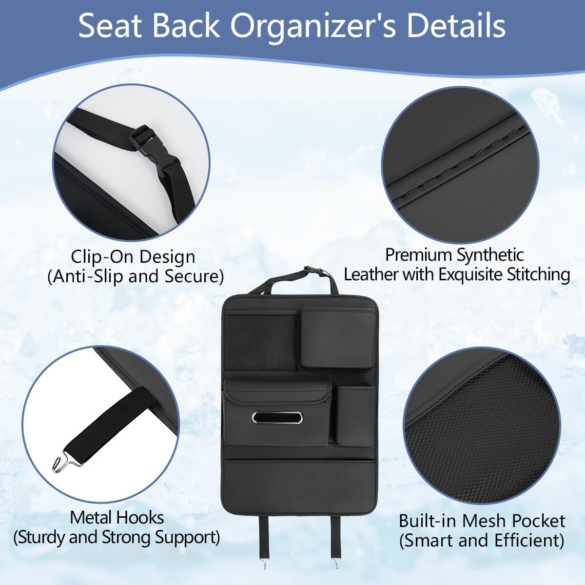 1pc Car Back Seat Organizer with Tissue Holder, 5 Storage Pockets, Kick Mat Back Seat Protector Cover for Kids, Road Trip Travel, Multifunctional Leather Auto Accessories -Black