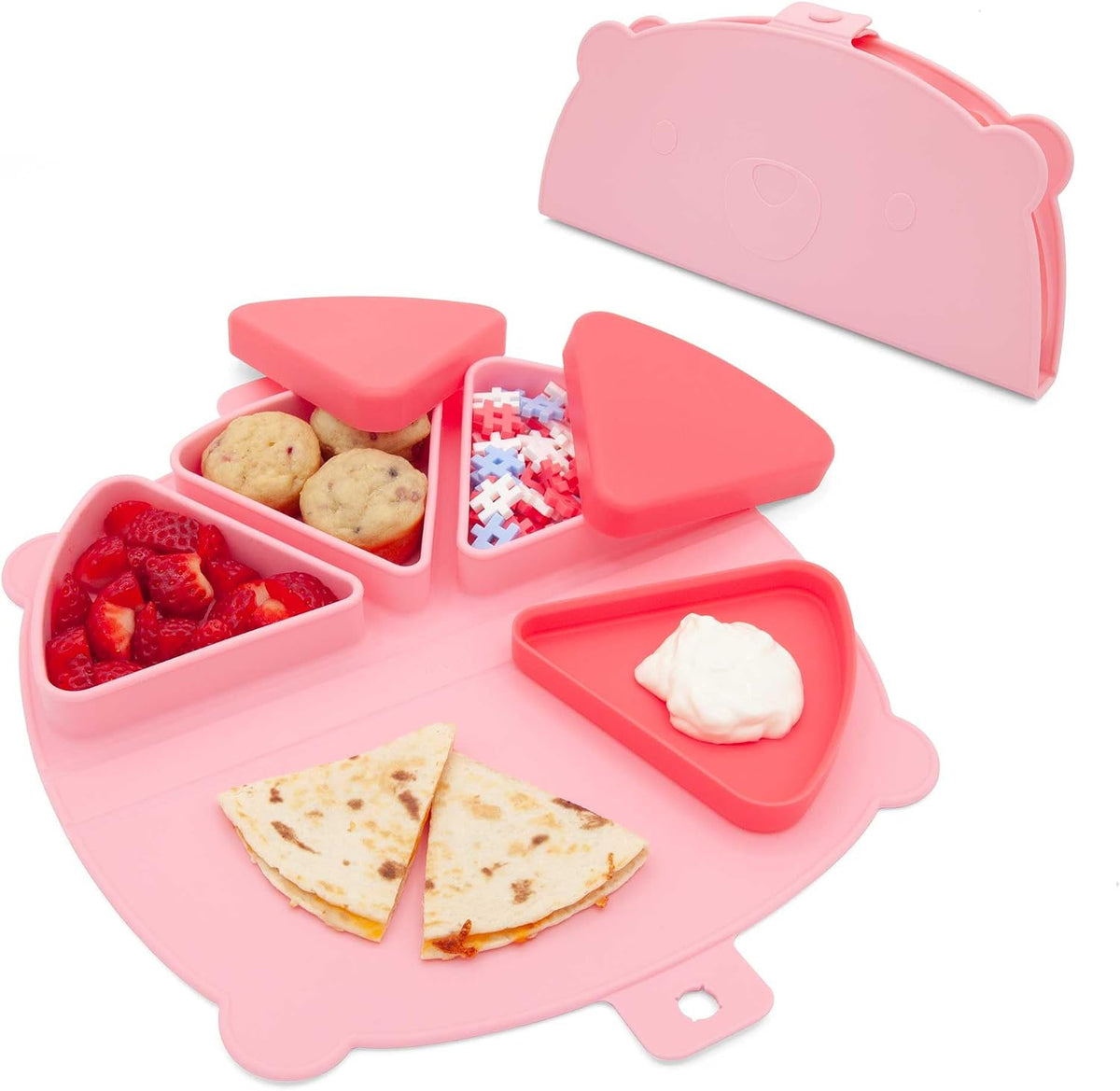 Silicone On-The-Go Snack Mat – Foldable Reusable Placemat with 3 Compartments and Lids – Travel-Friendly Baby and Toddler Snack Plate – Dishwasher Safe (Cotton Candy)