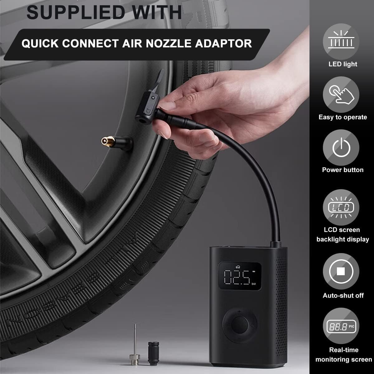 Xiaomi Portable Electric Air Compressor, 150 PSI Tire Inflator for Car, Scooter, Bike Tires and Balls - Cordless with Digital Pressure Detection