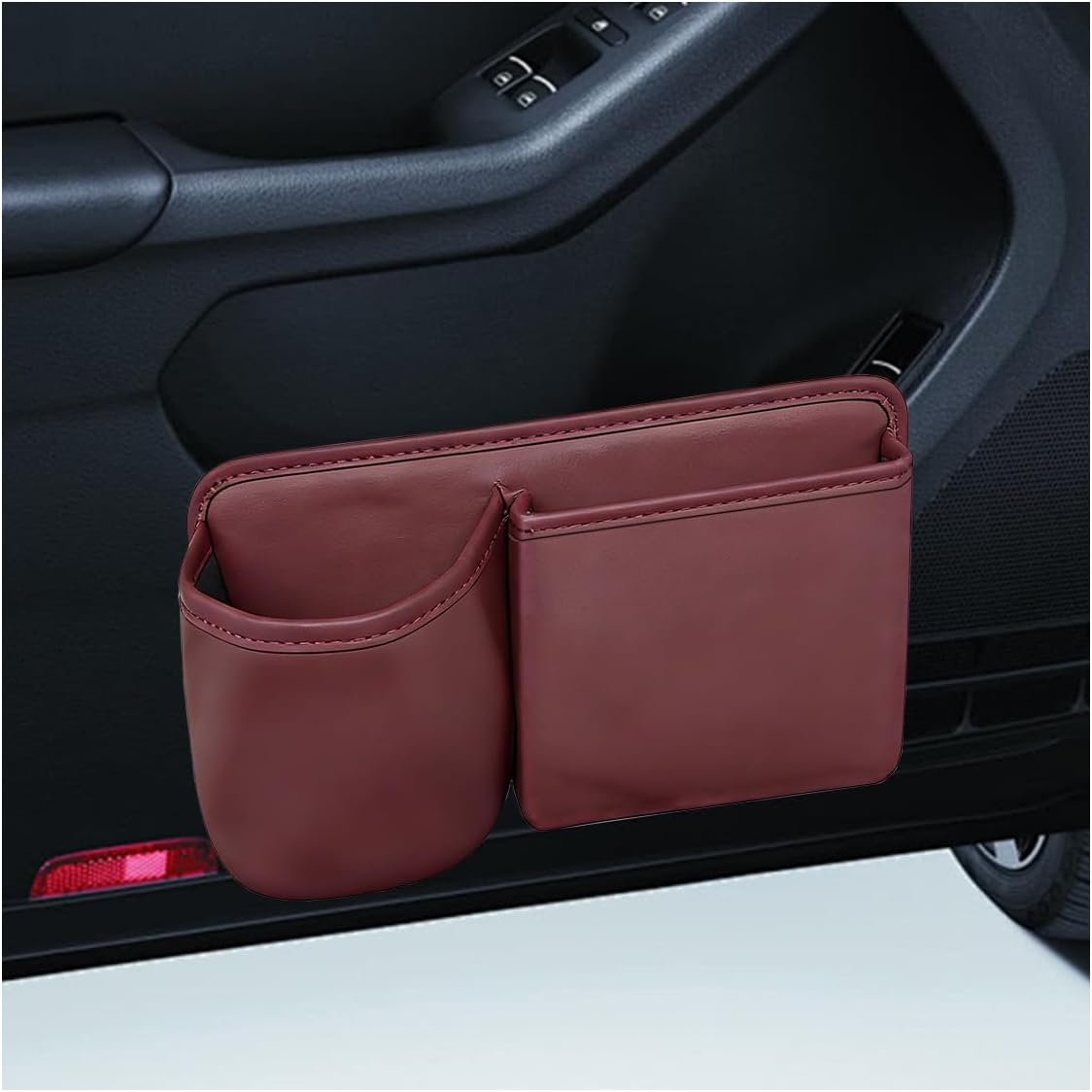 Car Side Door Organizer, Leather Auto Back Seat Storage Pouch with Cup Holder, Car Console Side Trash Can, Universal Vehicle Interior Organizer Pocket for Phone, Coin, Sunglasses (Black)