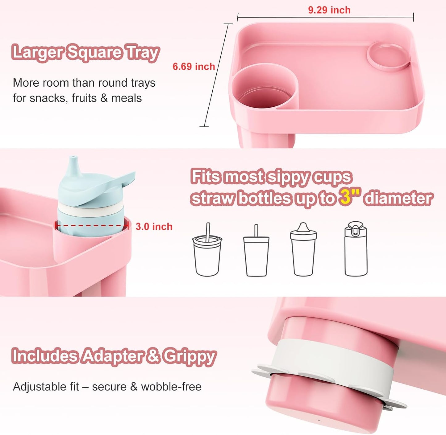 Car Seat Snack Tray for Toddlers - 3 Inch Cup Holder Fits Most Sippy Cups & Straw Bottles with Dip Well, Mess-Free Square Kids Travel Tray Road Trip Essentials, Pink
