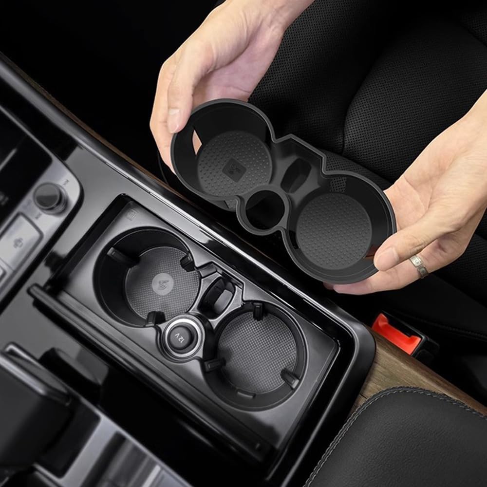 Car Center Console Water Cup Holder Storage Box Container Tray Organizer Soft Silicone Insert Storage Box Trim for Audi Q7 Q8 2020-2024 Automotive Interior Accessories (Black)