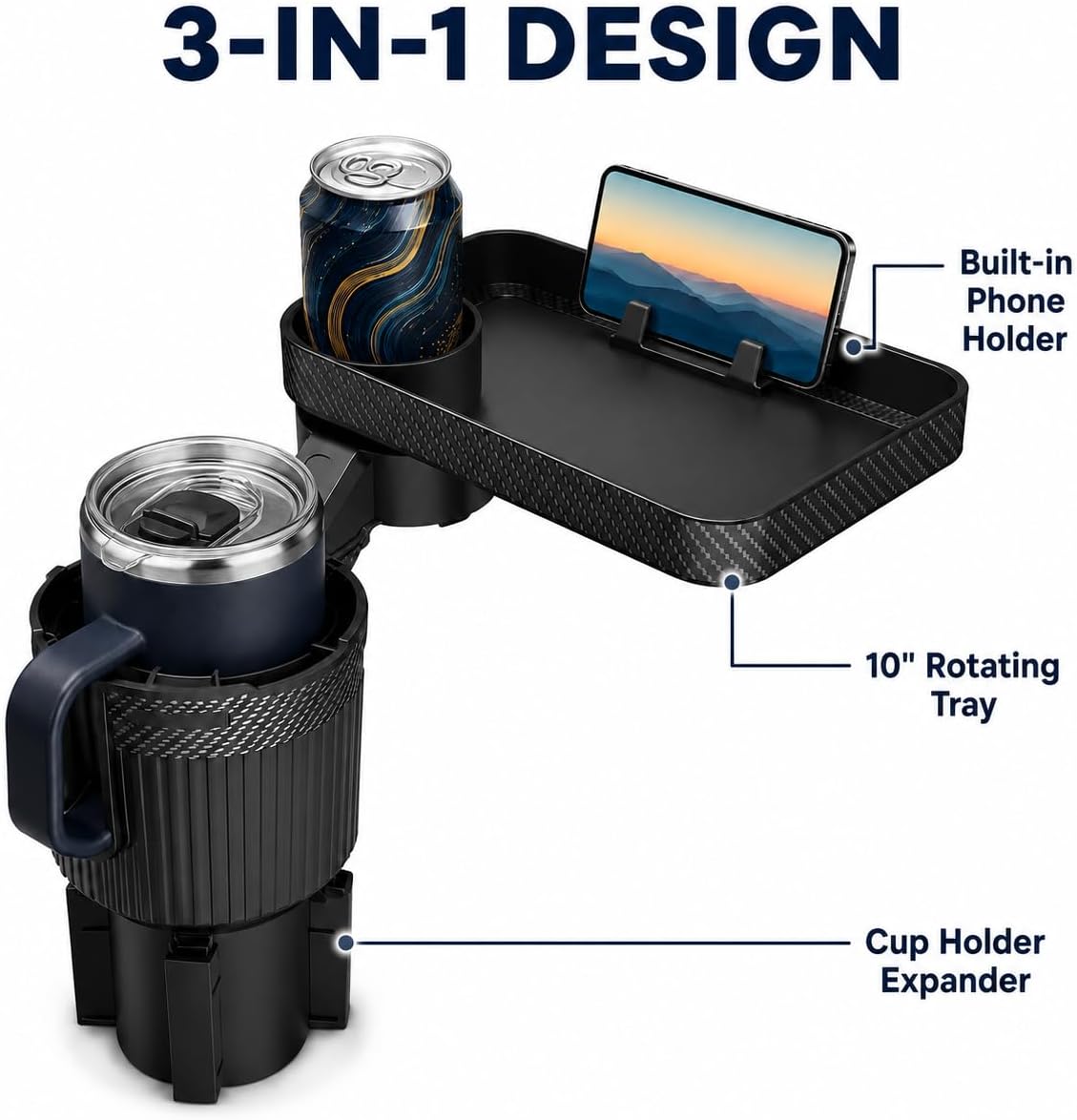 NEVERLAND Car Cup Holder Expander with Tray - 3-in-1 Car Food Tray & Table for Eating - 10" Rotating Surface with Phone Holder - Fits Yeti, Stanley, Owala up to 64 oz - Black Road Trip Essentials