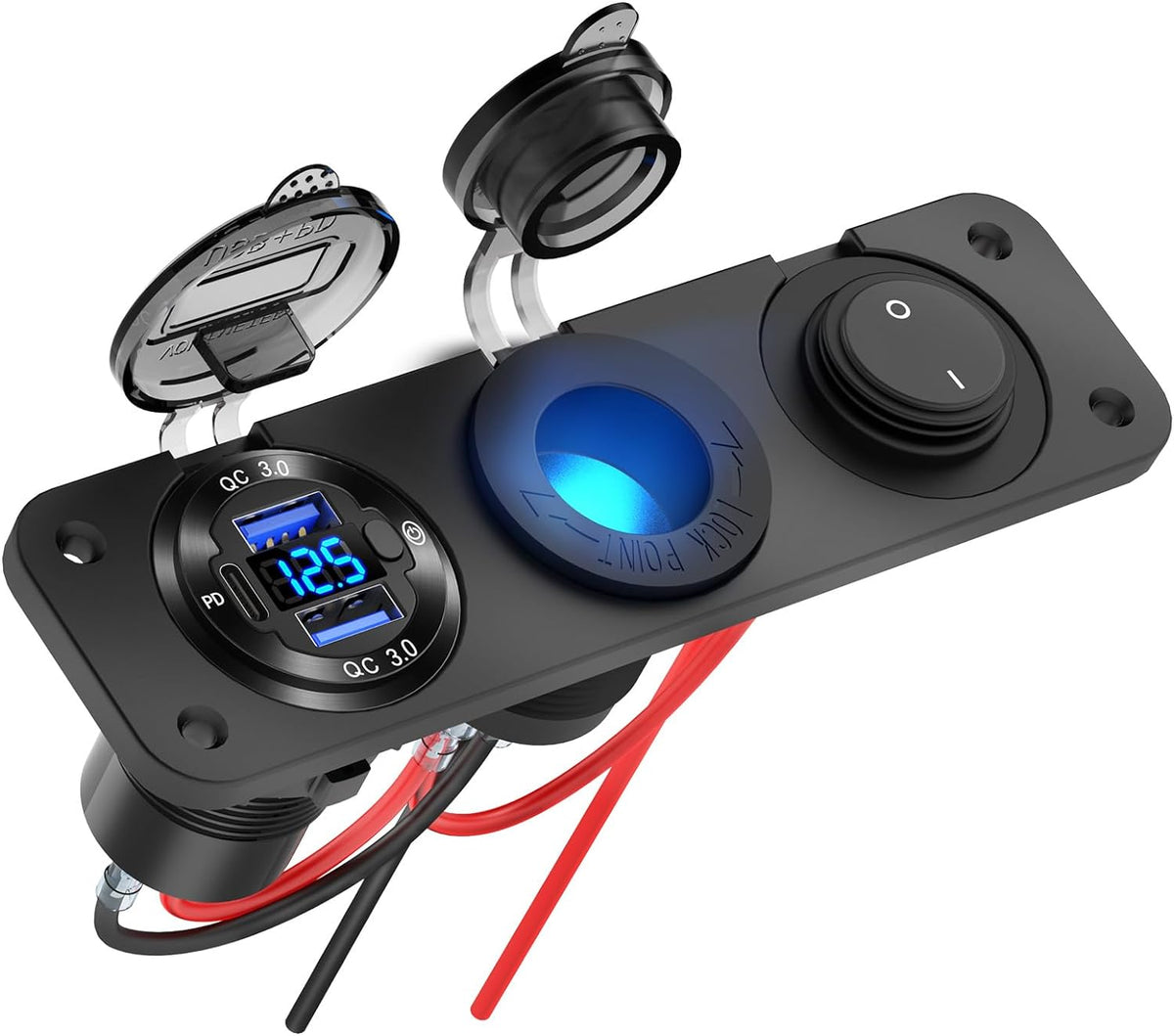 12V USB Outlet Marine Switch Panel Plug, PD3.0 and Dual QC3.0 USB Ports Aluminum Car Charger with LED Voltmeter Power Switch, Lighted 150W Cigarette Lighter Socket 2 in 1 DIY Kit for Boat RV ATV, etc.