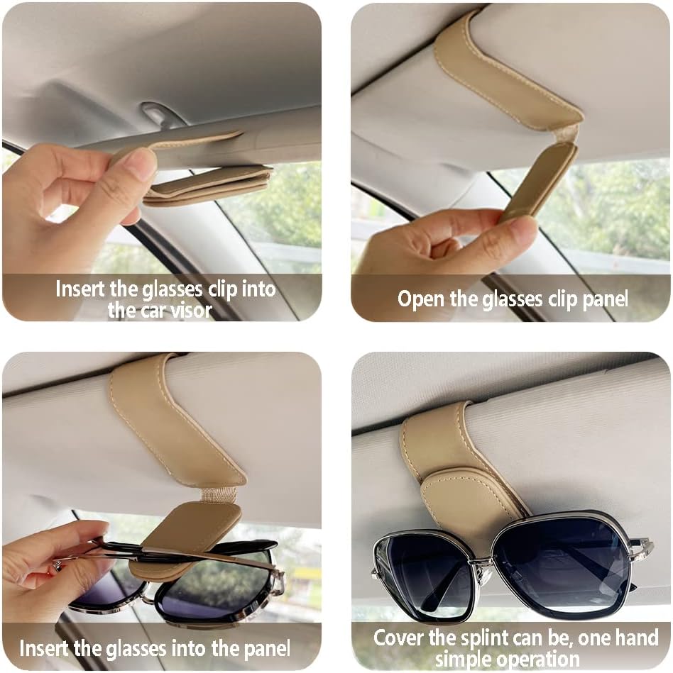 2Pcs Sunglass Holder for Car, Magnetic Leather Eyeglass Hanger Clip for Car Sun Visor, Sunglasses Holder and Ticket Card Clip for Car Visor Accessories (Beige)