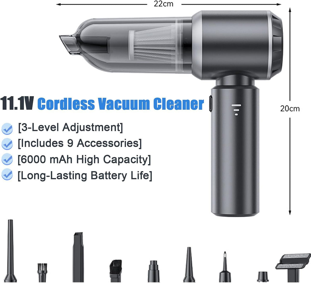 Handheld Vacuum Cordless for Nissan Terra/X-Terra/Terrano/Townstar/Versa Car Vacuum 3-Speed with Multi-Nozzles & Washable Filter,Gunmetal Black