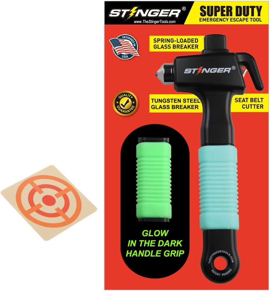 Stinger Super Duty Car Emergency Escape Tool - Hardened Carbon Steel Safety Hammer, Spring-Loaded Window Breaker, Razor-Sharp Seat Belt Cutter, Life-Saving Rescue Tool (One Green)