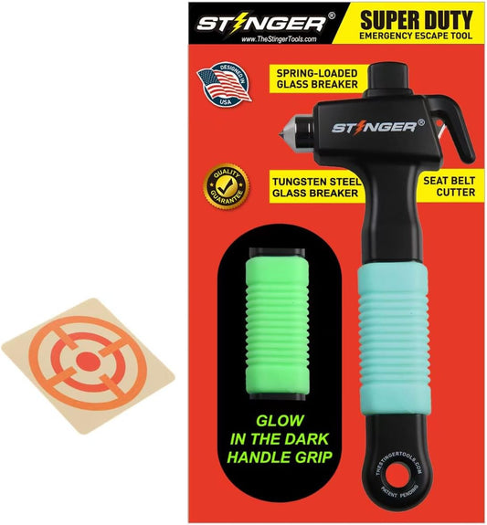 Stinger Super Duty Car Emergency Escape Tool - Hardened Carbon Steel Safety Hammer, Spring-Loaded Window Breaker, Razor-Sharp Seat Belt Cutter, Life-Saving Rescue Tool (One Green)