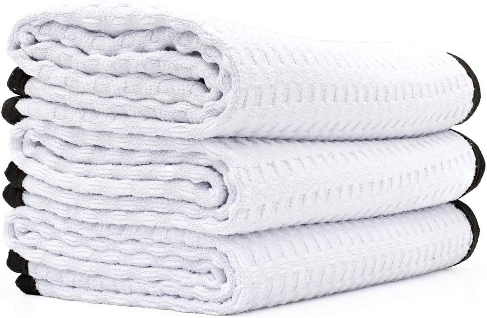 The Rag Company - Dry Me A River, Professional Korean 70/30 Blend Microfiber Waffle-Weave Drying & Detailing Towels, Soft Suede Edges, 390 GSM, 16x24 Inches, White, 3-Pack
