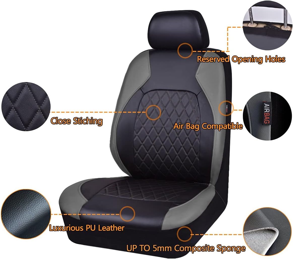 Deluxe Pu Luxury Leather Two Front Car Seat Covers, Waterproof Faux Leather Automotive Seat Covers 6 Pieces Airbag Compatible Universal Fit for Most Sedans SUVs Vans (Black and Grey)
