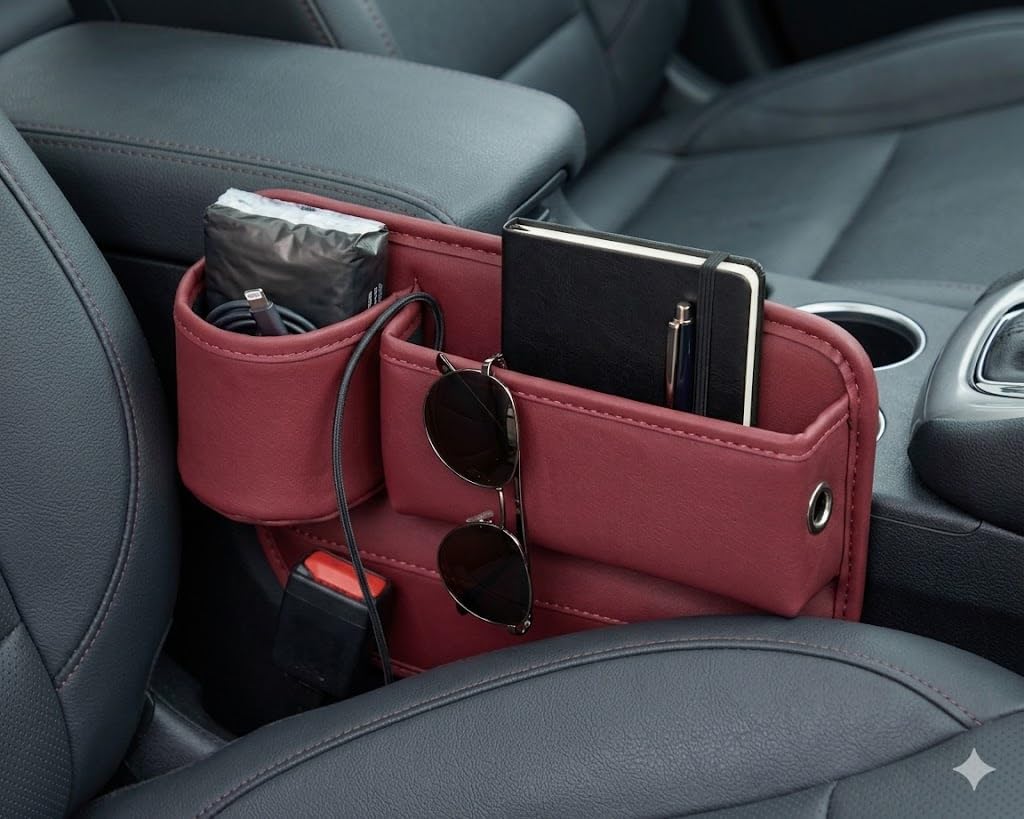 Car Seat Gap Filler Organizer with Cup Holder, Premium Leather Seat Gap Filler, Anti-Drop Car Seat Gap Organizer for Phone, Keys & Wallet, Universal Front Seat Console Organizer for Car, SUV & Truck