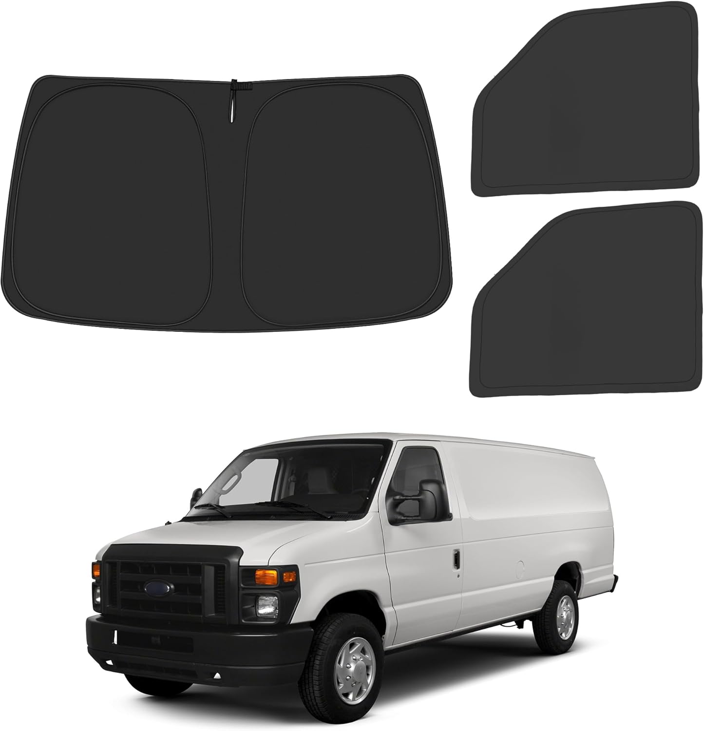 Front Windshield ＆ Side Window Sun Shade for 1992-2025 Fo-rd E-Series E-150 E-250 E-350 E-450 Van Motorhome, Foldable Window Sunshade Sun Visor Protector Blocks UV Rays Heat, Pack of 3