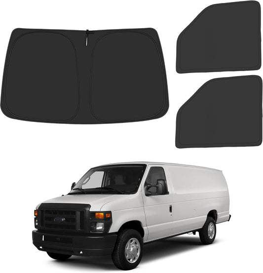 Front Windshield ＆ Side Window Sun Shade for 1992-2025 Fo-rd E-Series E-150 E-250 E-350 E-450 Van Motorhome, Foldable Window Sunshade Sun Visor Protector Blocks UV Rays Heat, Pack of 3