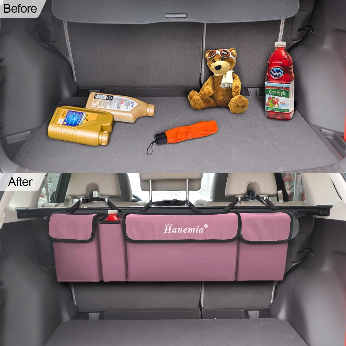 Car Trunk Organizer, Backseat Hanging Storage with 4 Large Pockets, Collapsible Cargo Bag with Adjustable Straps Frees Trunk Floor, Sturdy Space Saving Expert for SUV, Truck, Van (Pink)