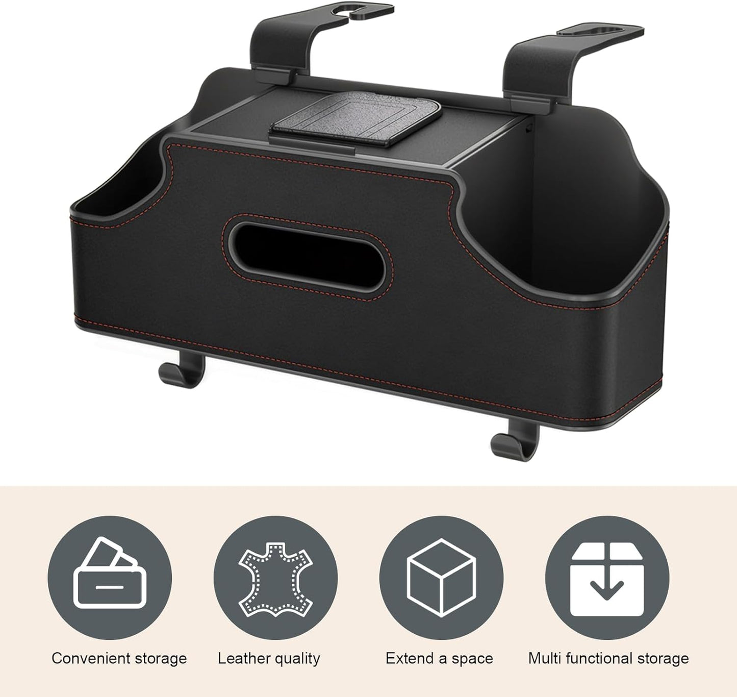 1 PC Car Seat Back Organizer, Car Back Seat Multi-Function Storage Box with 2 Drink Cup Holders, 11.42" x 3.35" Leather Tissue Organizer, Universal for Most Cars, Trucks, SUVs (Black)