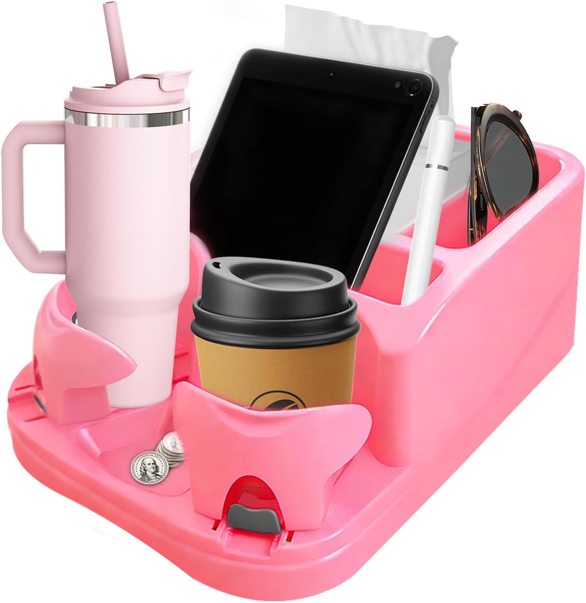 Car Center Console with Adjustable Cup Holders, Universal Center Console Organizer for Truck, Cars, Minivans, Suvs, Truck Floor Console, Bench Seat Center Console (Pink)