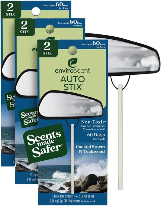 Enviroscent Non-Toxic* Car Air Freshener Auto Stix® - Scents Made Safer - Enjoy Fragrance Lasts Up to 180 Days - Includes Auto Stix® Diffusers & Elastic Loops - Coastal Storm & Teakwood (Pack of 3)