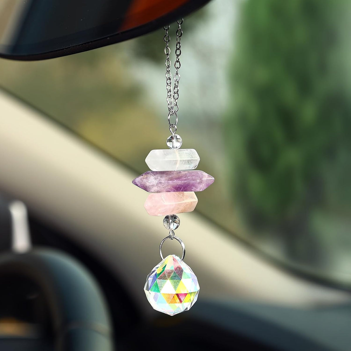 Car Rear View Mirror Accessories Car Hanging Ornament, Dark Pink Lily of The Valley Handmade Crystal Rearview Decor Charm Clear Quartz Beads Flower Swinging Interior Decor for Women Men