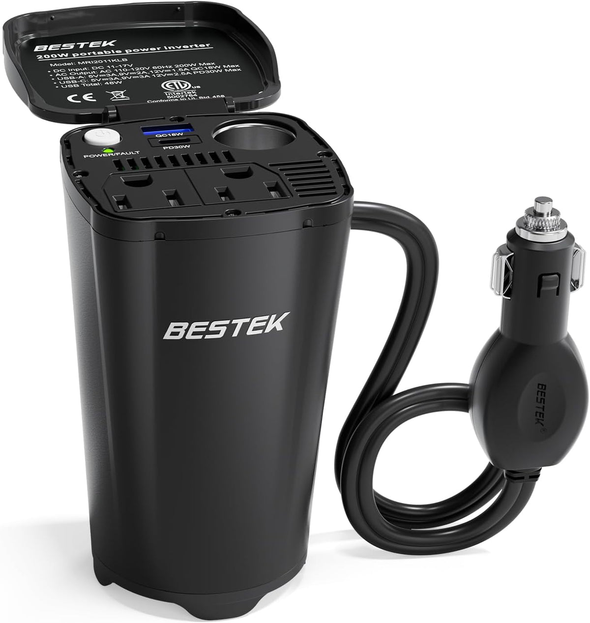 BESTEK 200W Power Inverter, 12V DC to 110V AC Car Plug Adapter Outlet Converter with [30W USB-C]/USB-Fast Charger(18W) / Dual AC Outlets/car Charger for Laptop