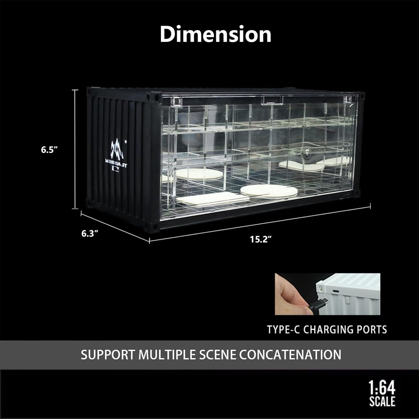 1/64 Scale Display Case with LED Light–Container Box Style Garage Diorama | Compatible with Hot Wheels Matchbox Mini GT Diecast Cars and Storage Stackable, for Model Car and Figures Display
