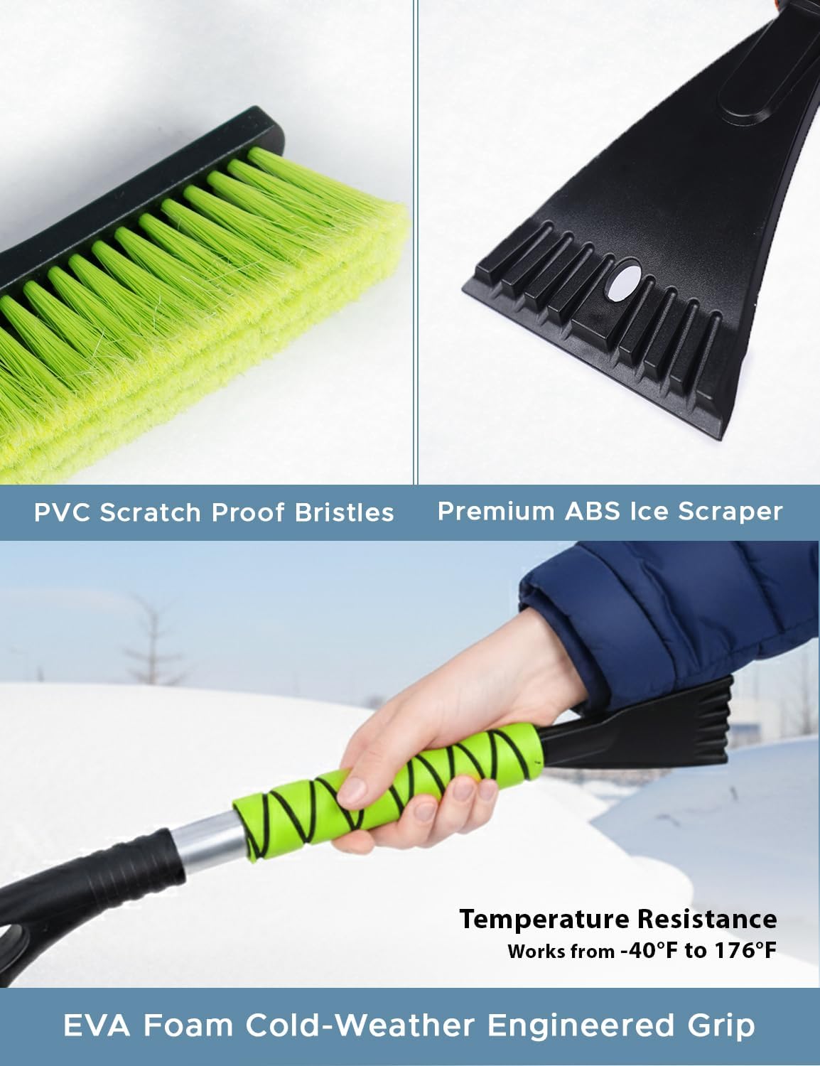 Autovir 27" Snow Brush and Ice Scrapers for Car Windshield (1 Pack), Window Ice and Snow Scraper with Ergonomic Foam Grip, Snow Windshield Scraper with Aluminum Body, Winter Car Accessories (Green)