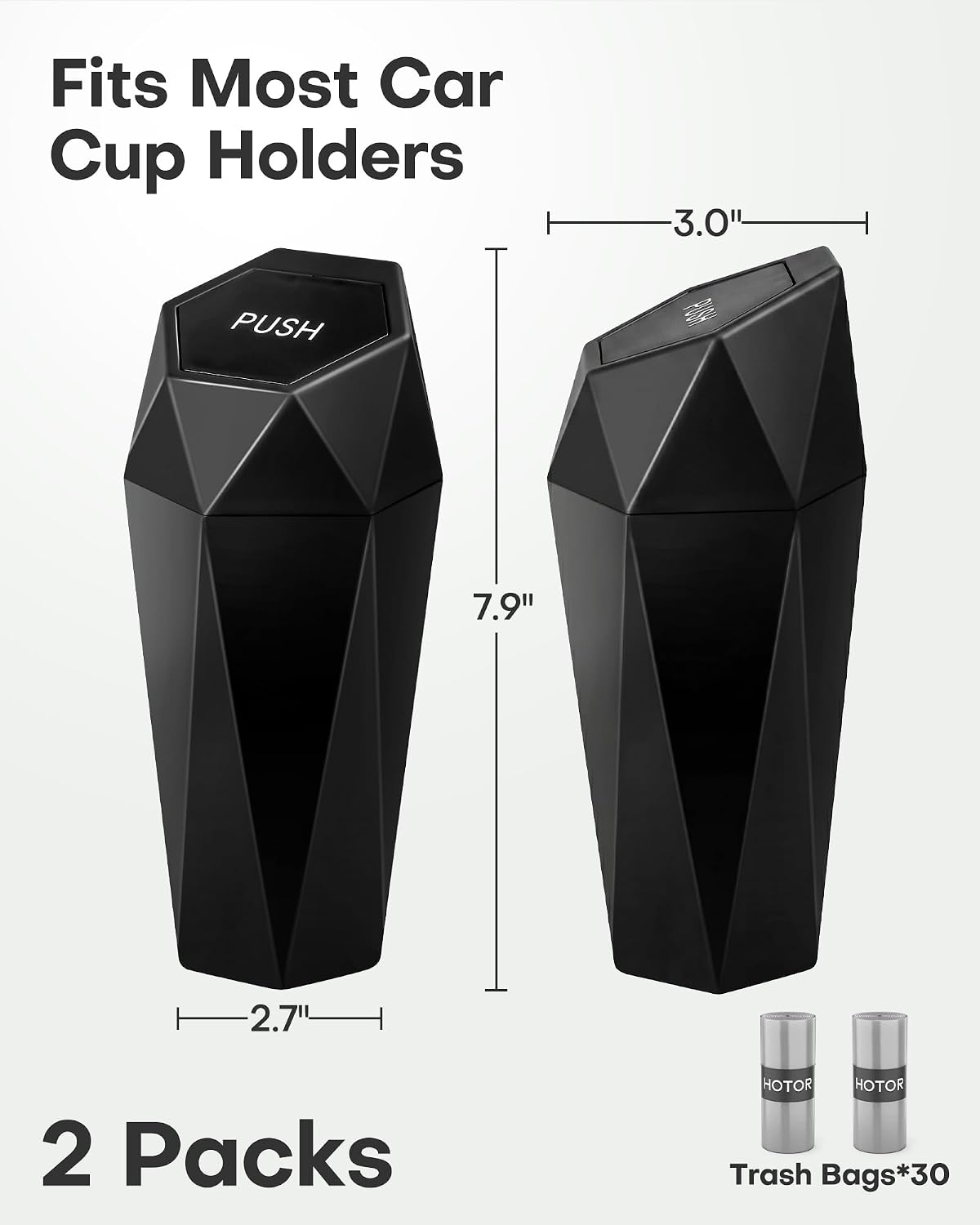 HOTOR Car Trash Can with Lid - 2 Pack, Car Accessories for Interior, Leakproof Vehicle Garbage Can with 30 Attached Trash Bags, Multipurpose Organizers and Storage for Home, Office, Black
