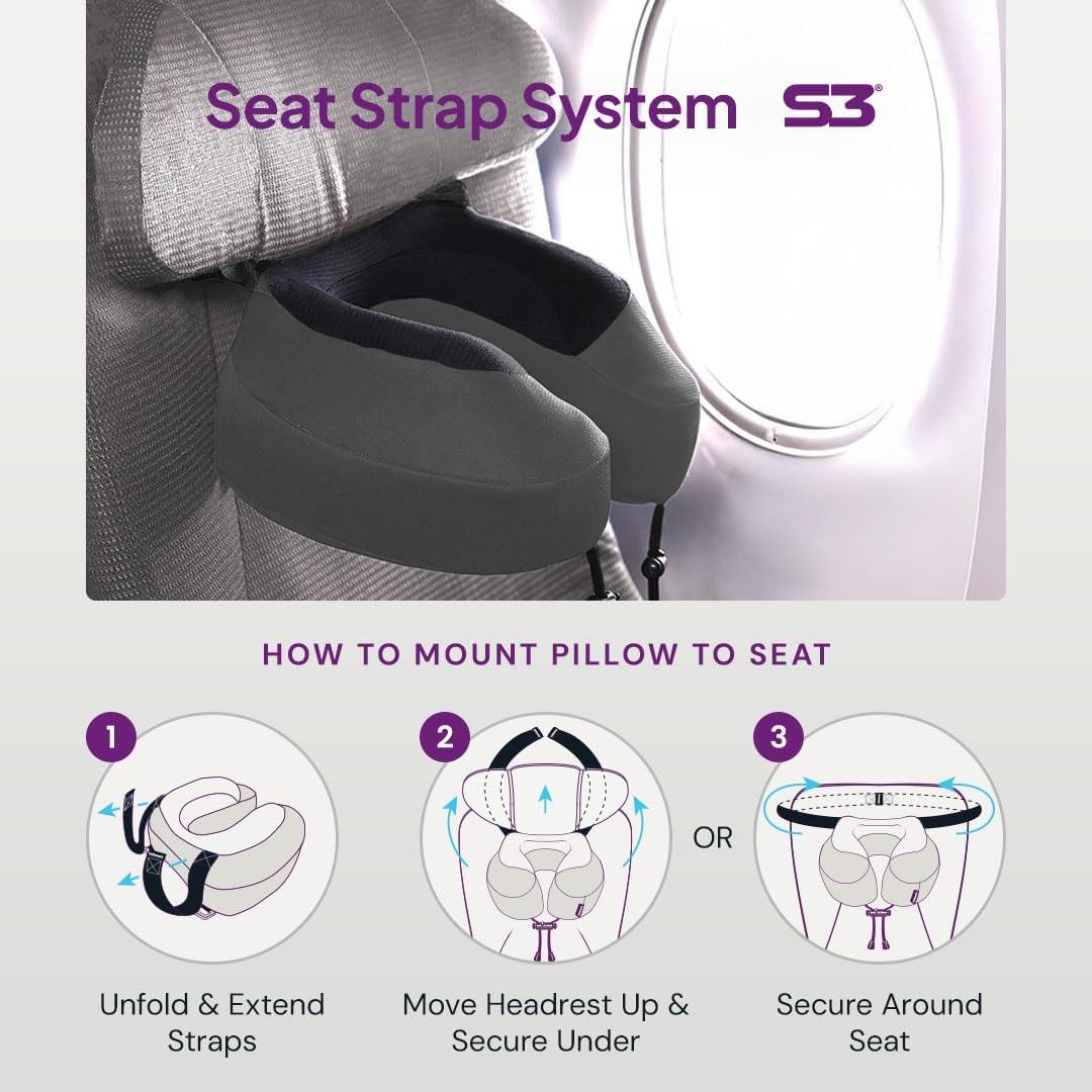Cabeau Evolution S3 Travel Pillow - Memory Foam Neck Pillow for Airplane and Long Flights with Seat Straps for Head and Neck Support, 360 Degree Support (Steel Grey)