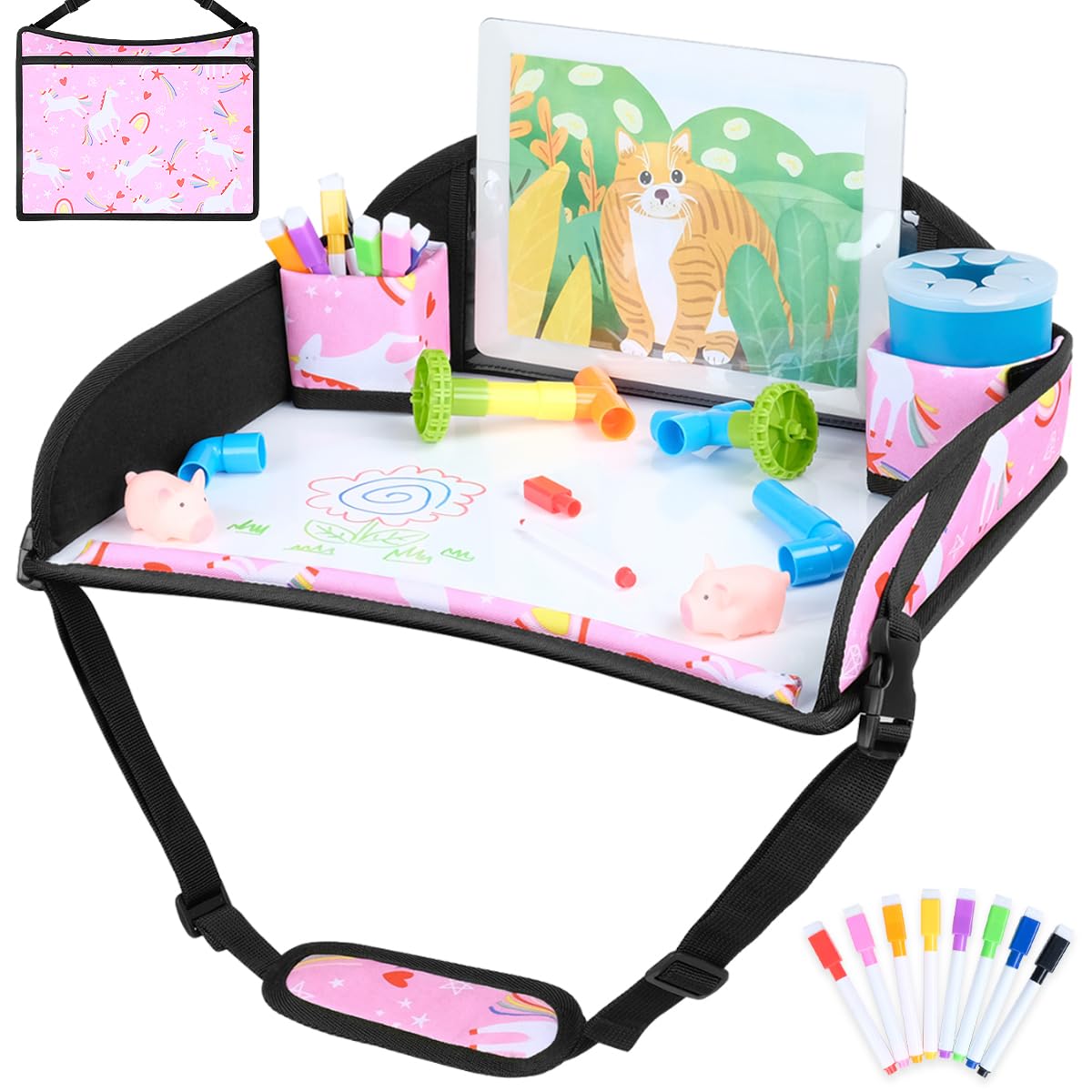 COOLBEBE Kids Travel Tray for Toddler Car Seat, Portable Car Seat Lap Tray with 2 Cup Holders, Pink Unicorn Design for Airplane, Road Trip Activities