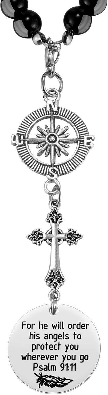 Ralukiia Cross Car Charm, for He Will Order His Angels to Protect You Wherever You Will Go, Rear View Mirror Car Charm, Psalm 91:11, Bible Verse, Religious Gifts for Women