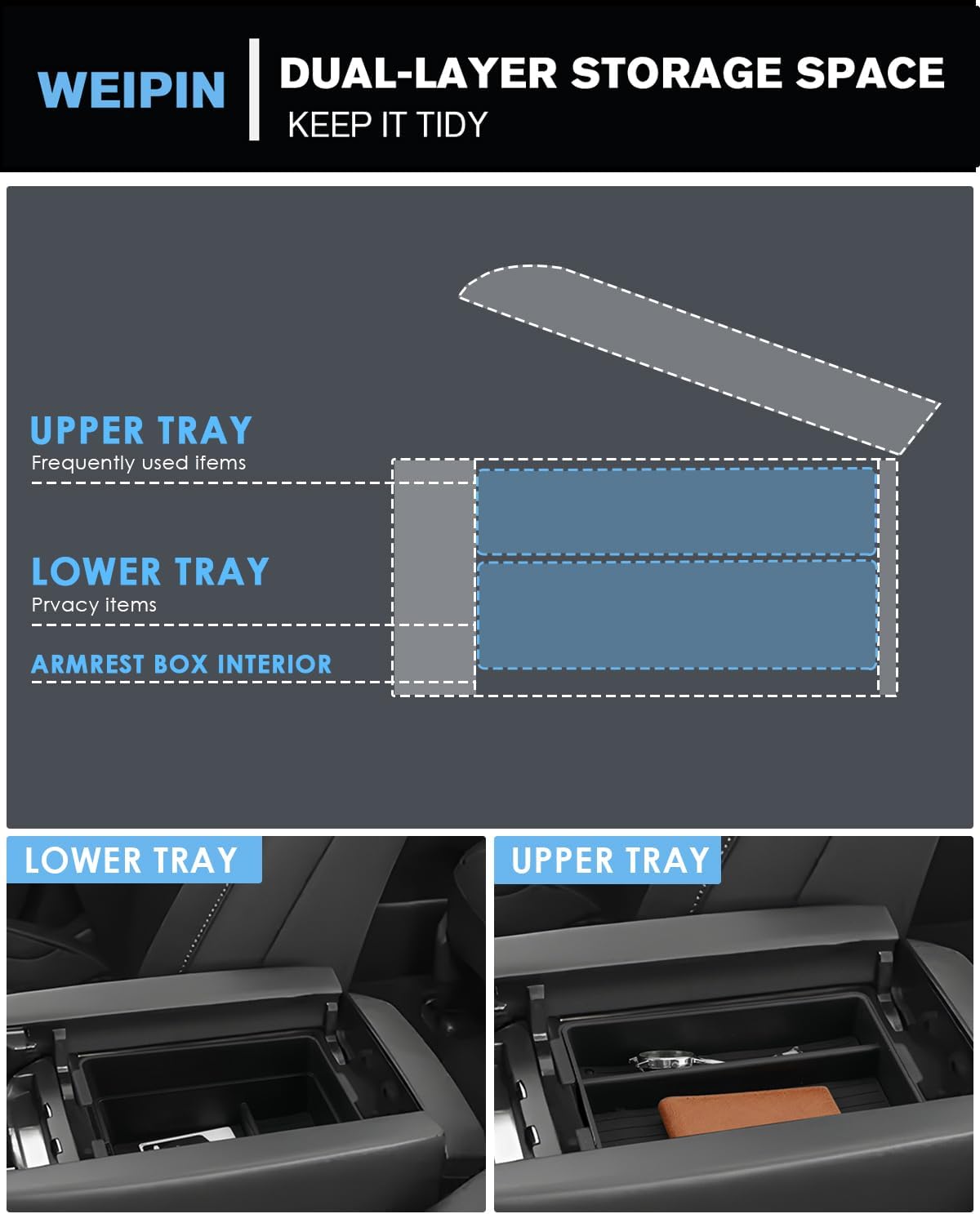 For 3PCS Double Layer Center Console Armrest Organizer&Screen Organizer Tray ABS Materials Compatible with 2024-2026 L exus TX350/TX350h/TX450h+/TX500h