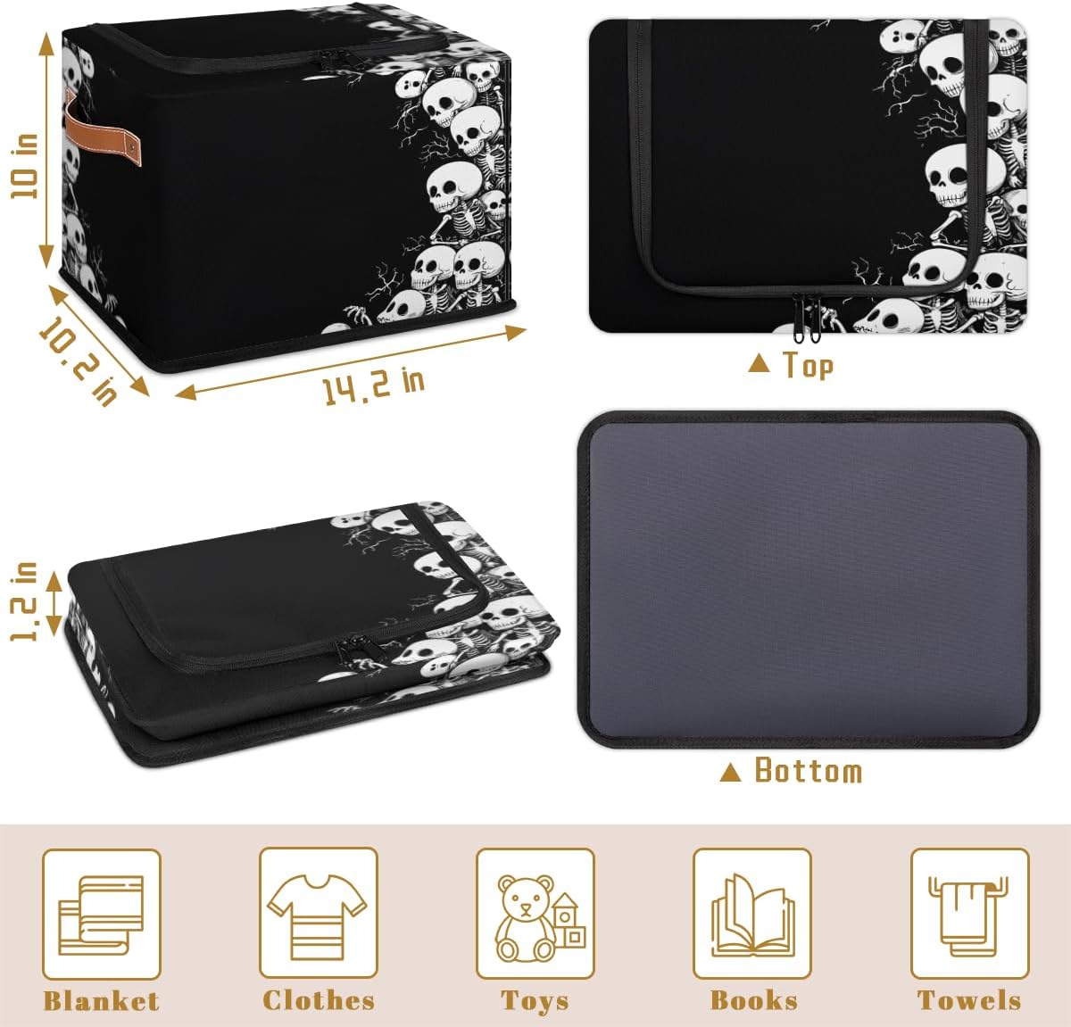 Skeleton Storage Bins With Zipper Lid, Collapsible Trunk Organizer, Car Organizers and Storage Bins with Lids, Halloween Decorative Storage Boxes with Handle, Home Storage Baskets for Organizing