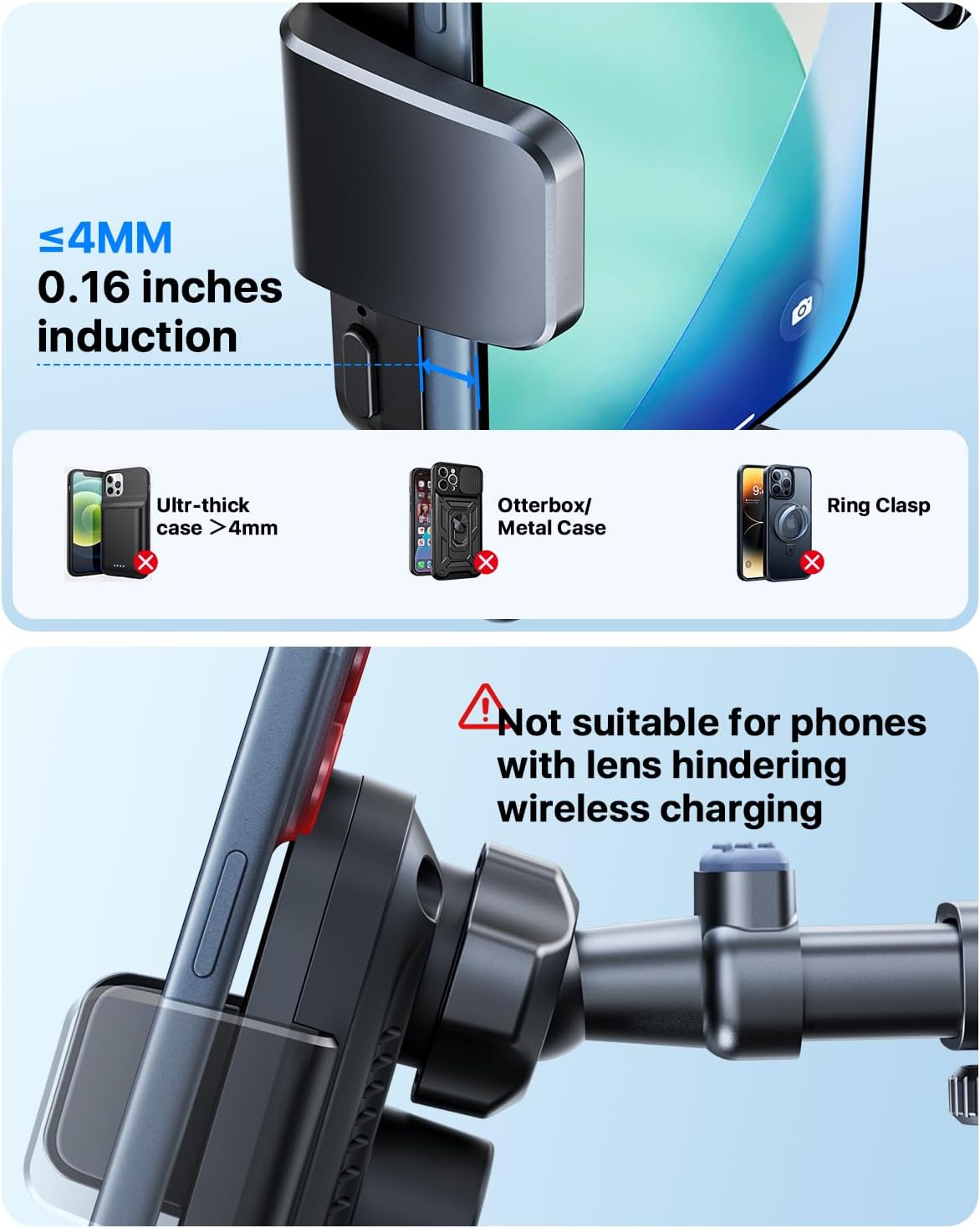 HTU Wireless Car Charger 15W Auto Clamping Phone Holder Dash Windshield Vent, Car Charger Compatible with iPhone 17 16 15 14/13/13 Pro/12 pro/12/11/X/8, Samsung S24/S23/S22,Black