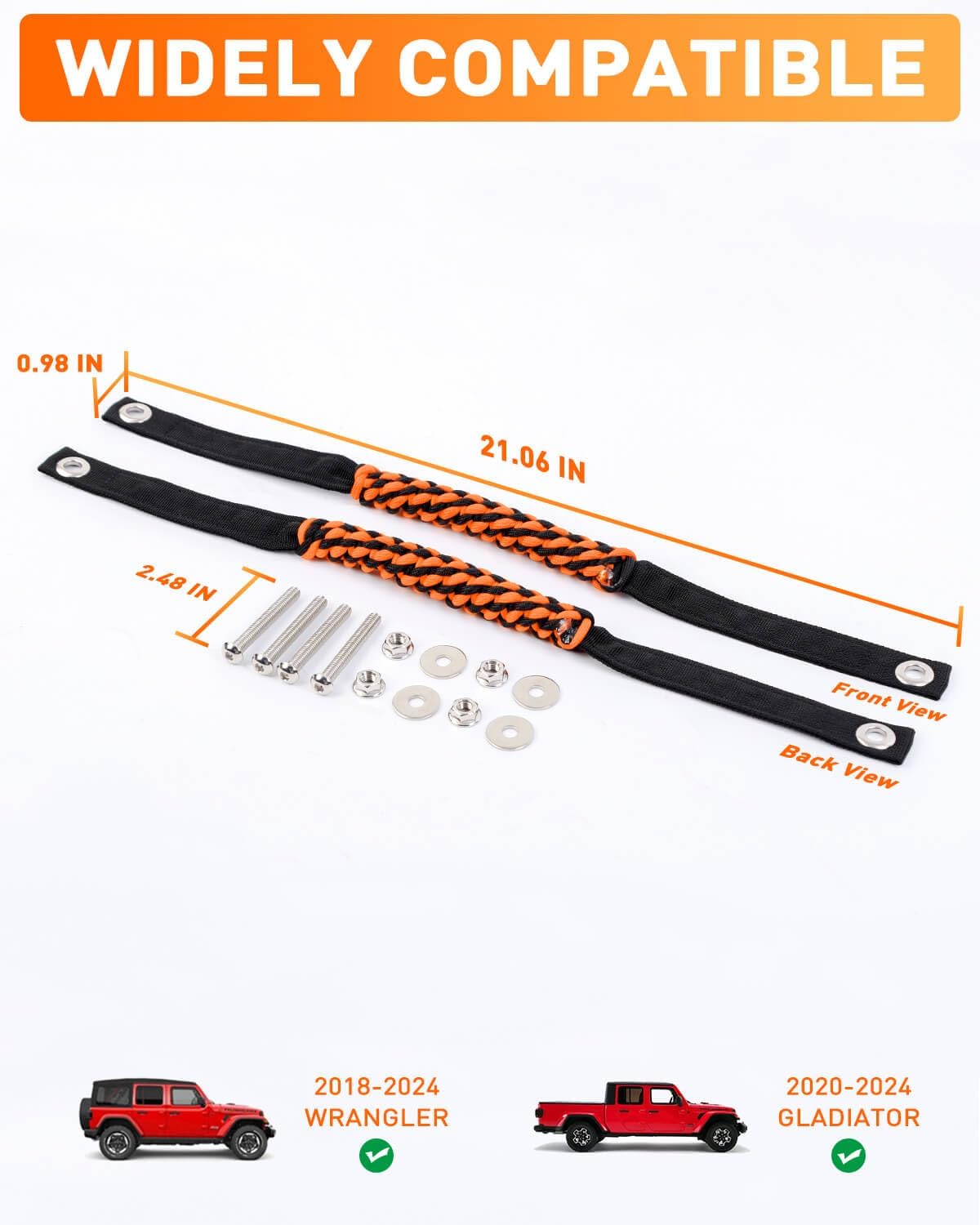 Savadicar 2 Pack Paracord Roll Bar Grab Handles for 2018-2024 Jeep Wrangler JL JLU 4XE &amp; Gladiator JT, Comfortable Cylindrical Weave for Secure Grip, Essential Interior Accessories, Orange
