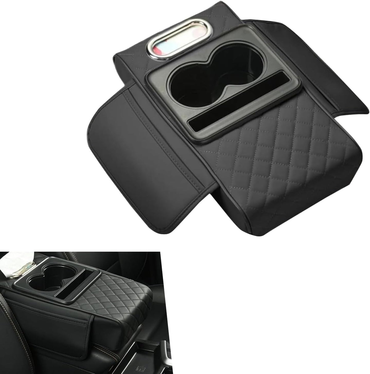 Car Armrest Cushion, 5-in-1 Center Console Cover Organizer, Multi-Functional Car Armrest Storage Box with 2 Cup Holder, Car Accessories Interior Organizers for Most Cars (Black)