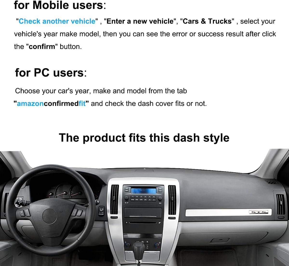 Dash Cover Mat Custom Fit for Cadillac STS Dashboard Pad Cap Carpet Protector K266 (Black)