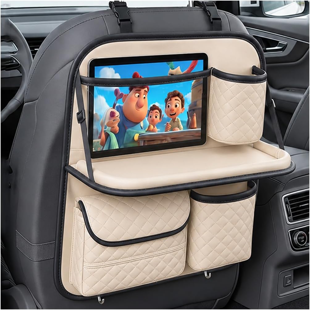 Car Backseat Organizer with Tablet Holder, Back Seat Protector with Storage Pocket & Foldable Food Tray, Auto Kick Mat Backseat Organizer Accessories for Travel Trip, Universal Fit (Black)