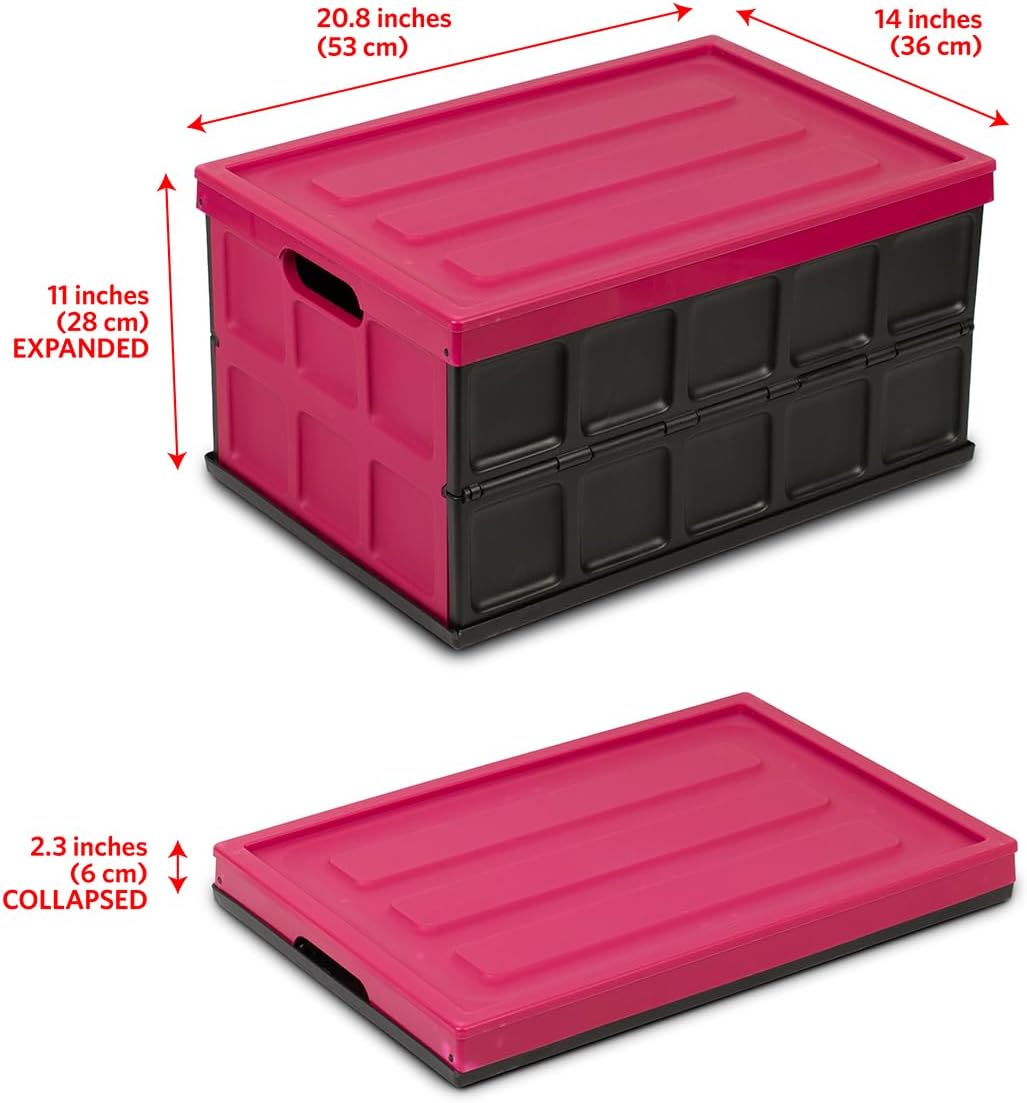 Glad Collapsible Storage Bin with Lid - 48L Foldable Plastic Box for Garage, Car Trunk, and Organization - Stackable Lidded Container with Handles, Purple