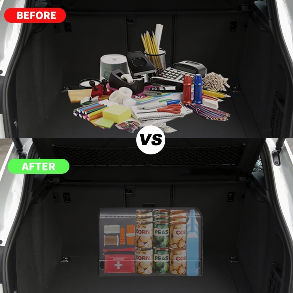 XDV Trunk Organizers, Car Organizers, Storage Solutions, and Car Storage Organizers for SUVs, Sedans, Back Seats, and Luxury Vehicles with Lid, Leather, Small, Large Car shoes box (Plain Black, L)