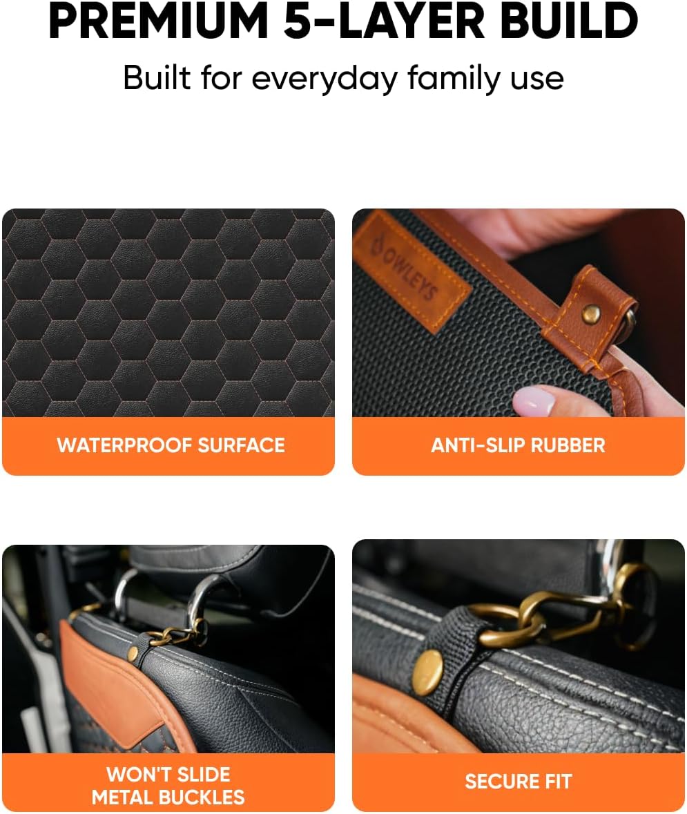 Owleys Kick Mat Back Seat Protector - Car Back Seat Cover for Kids Feet - Waterproof & Sturdy Protector for Upholstery from Dirt, Mud, Scratches and Stain (Hexy)