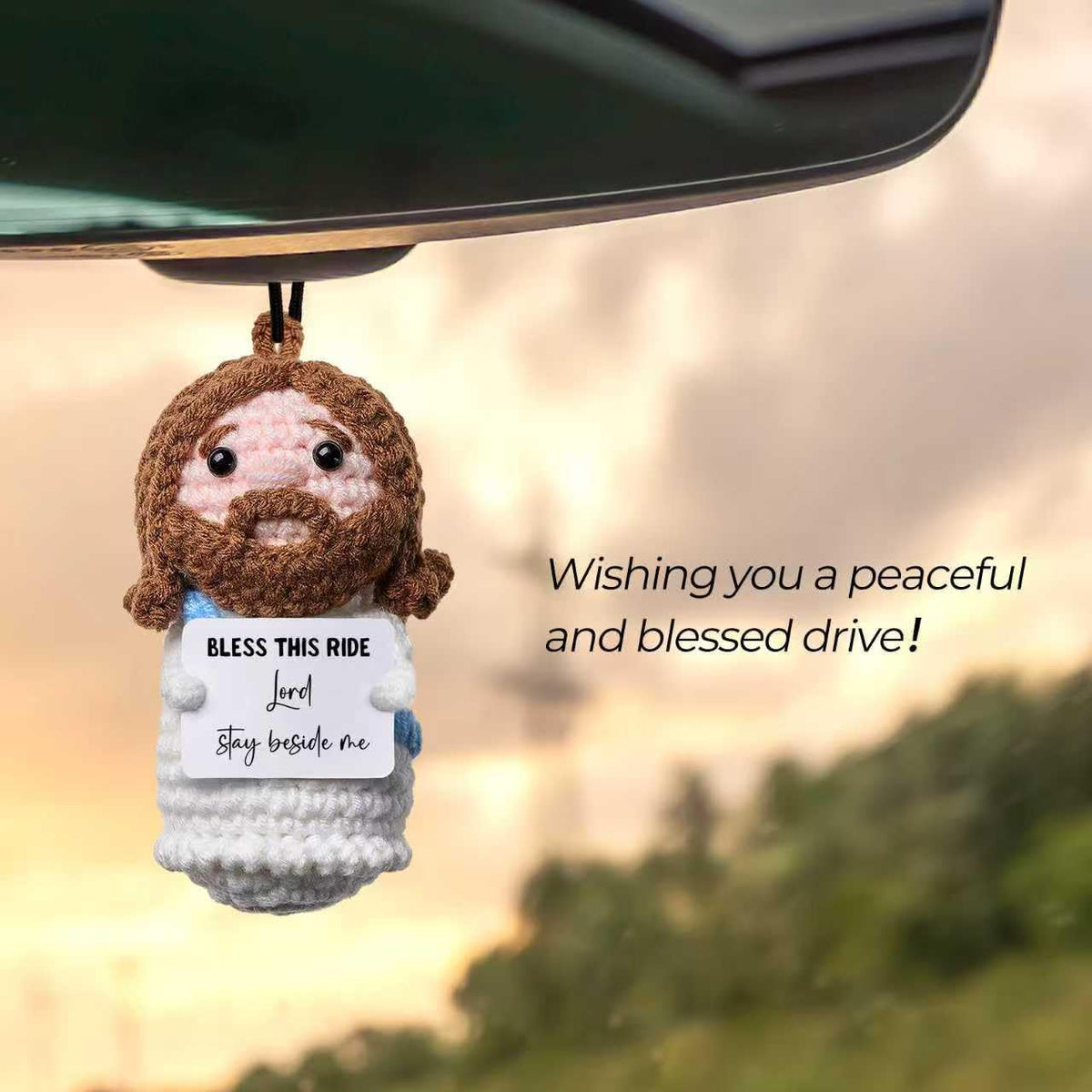 Bless This Ride Handmade Crochet Jesus Rearview Mirror Charm, with Safe Drive Blessing, Gift for Husband, Boyfriend or a Loved One, New Car Gift, Christian Car Accessory,Gifts for Father's Day.