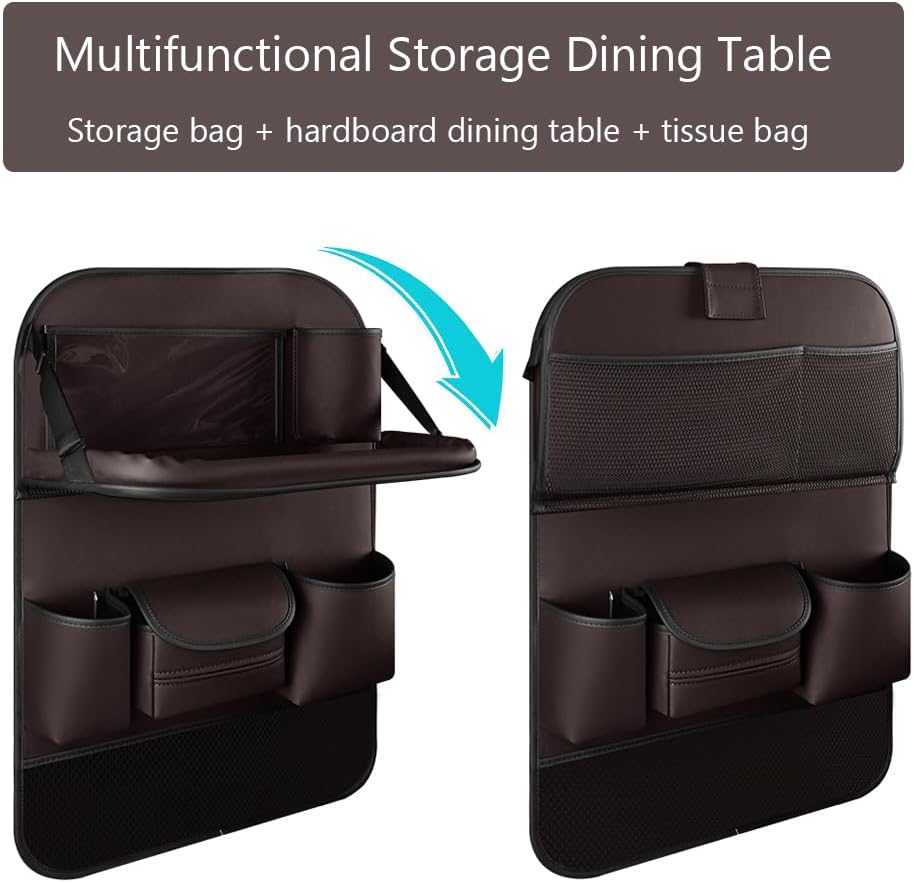 2PCS Car Backseat Organizer Seat Back Protectors Kick Mats with Foldable Table Tray, PU Leather Car Storage Organizer with Tablet Holder, Car Tissue Holder Kids Toys Storage Travel Accessories (Brown)