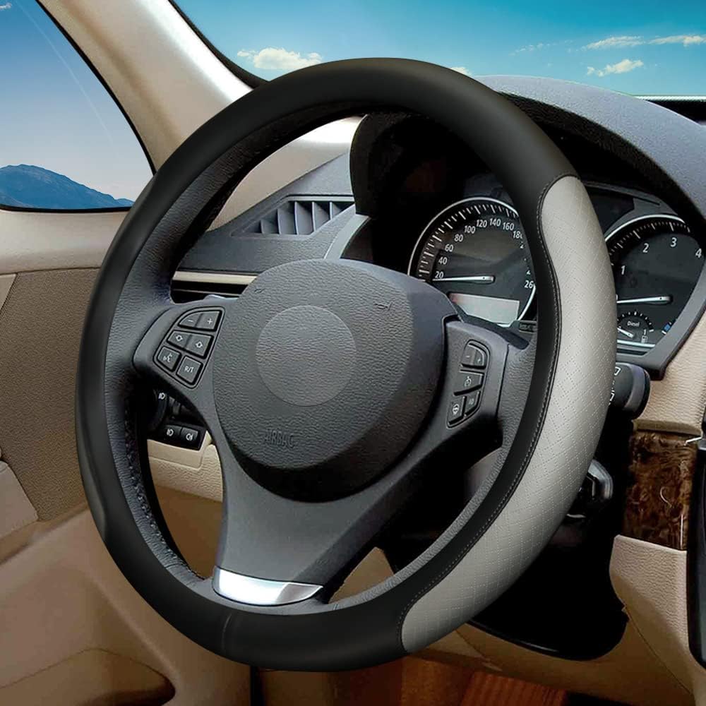 Microfiber Leather Steering Wheel Cover with Classic Embossing, Anti-Slip Breathable Auto Car Wheel Protector, Fit 15 Inch (Beige)